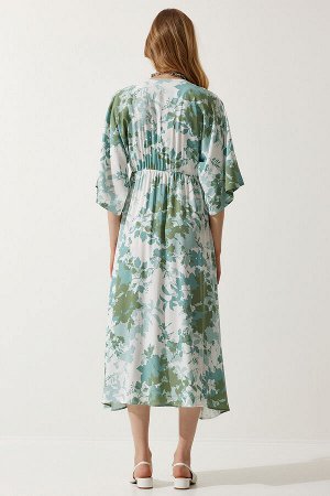 Женское зеленое летнее вискозное платье с запахом и рисунком DK00166