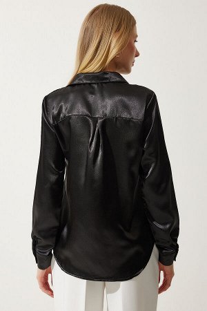 Женская черная атласная рубашка с легкой драпировкой DD00990