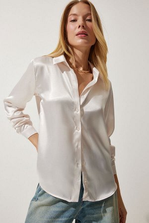 Женская кремовая рубашка из атласа с легкой драпировкой DD00990