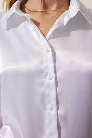 Женская белая атласная рубашка с легкой драпировкой DD00990