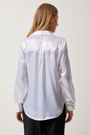 Женская белая атласная рубашка с легкой драпировкой DD00990