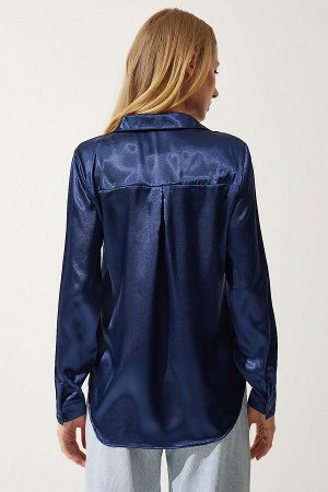 Женская темно-синяя рубашка из атласа с легкой драпировкой DD00990
