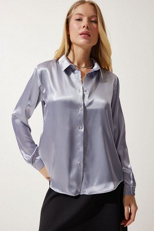 Женская серая рубашка из атласа с легкой драпировкой DD00990