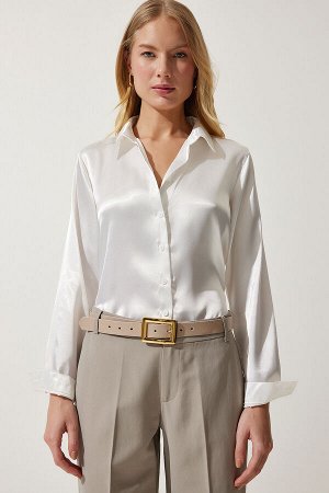 Женская светло-кремовая рубашка из атласа с легкой драпировкой DD00990