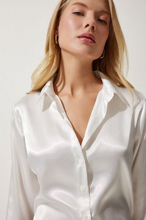 Женская светло-кремовая рубашка из атласа с легкой драпировкой DD00990