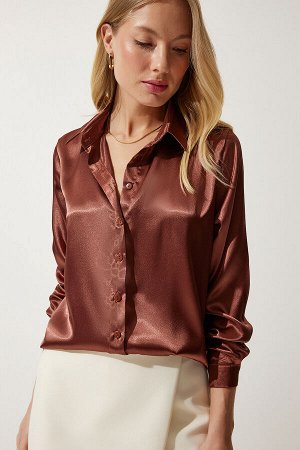 Женская коричневая рубашка из легкого струящегося атласа DD00990