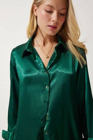 Женская изумрудно-зеленая рубашка с атласной поверхностью с легкой драпировкой DD00990