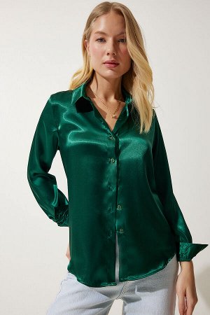 Женская изумрудно-зеленая рубашка с атласной поверхностью с легкой драпировкой DD00990