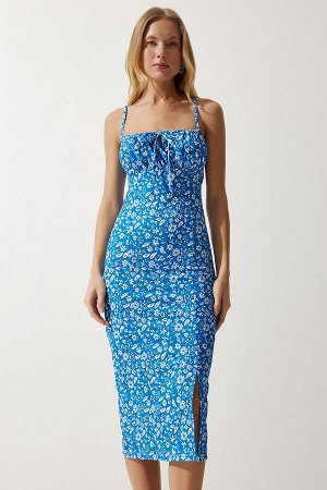Женское ярко-синее и белое летнее вязаное платье с разрезом и цветочным принтом CI00029