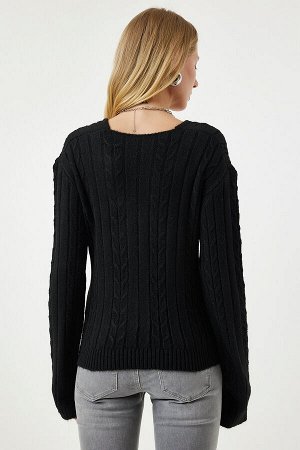 Женский черный сезонный трикотажный свитер с запахом и воротником PF00070