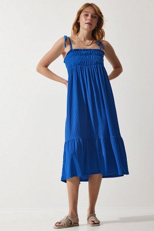 Женское летнее трикотажное платье синего цвета на бретельках UB00250