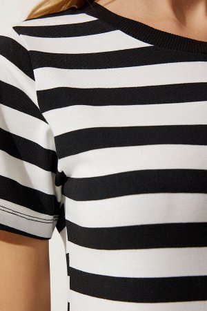 Женское черно-белое трикотажное платье в полоску с круглым вырезом AN00175