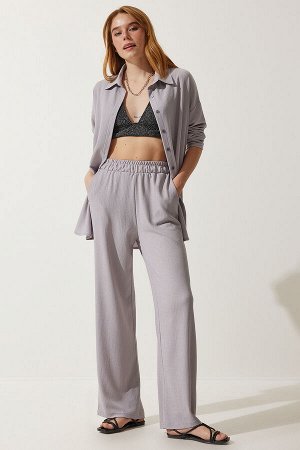 Женский серый повседневный комплект из трикотажной рубашки и брюк KH00090