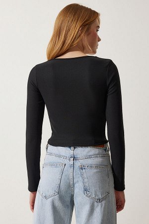 Женская черная укороченная трикотажная блузка с квадратным вырезом AN00176