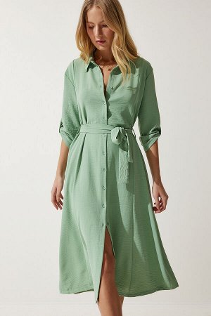 Женское зеленое платье-рубашка с поясом DD01256