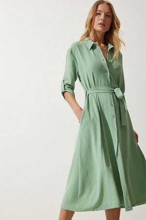 Женское зеленое платье-рубашка с поясом DD01256