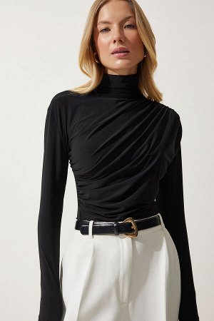 Женская черная блузка песочного цвета с высоким воротником и сборками FF00135