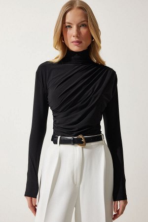 Женская черная блузка песочного цвета с высоким воротником и сборками FF00135