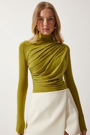 Женская зеленая блузка песочного цвета со сборками и высоким воротником, FF00135