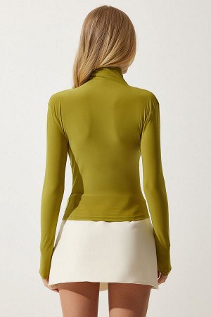 Женская зеленая блузка песочного цвета со сборками и высоким воротником, FF00135