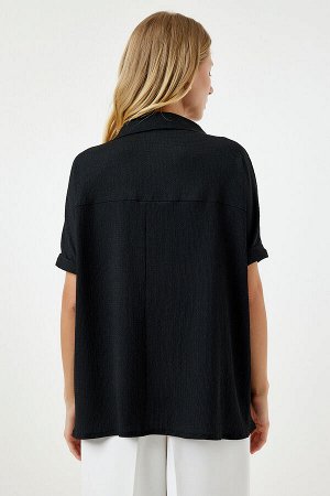 Женская черная трикотажная блузка с воротником-поло DD01299