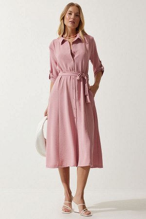 Женское платье-рубашка ярко-розового цвета с поясом DD01256