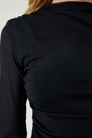 Женское черное трикотажное платье саран со сборками и шифоновыми рукавами UB00235