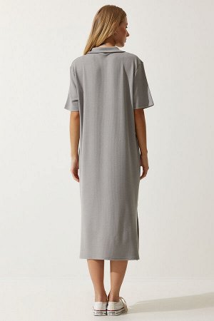 Женское серое вязаное вельветовое платье с воротником-поло DZ00110