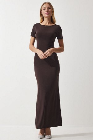 Женское коричневое длинное трикотажное платье песочного цвета с открытой спиной DZ00115