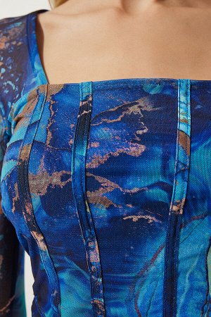 Женская синяя укороченная шифоновая блузка с узором AN00179