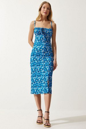 happinessistanbul Женское синее черное летнее трикотажное платье с разрезом и цветочным принтом CI00029