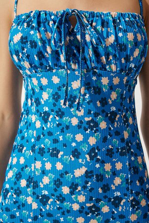 happinessistanbul Женское синее черное летнее трикотажное платье с разрезом и цветочным принтом CI00029
