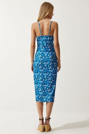 Женское синее черное летнее трикотажное платье с разрезом и цветочным принтом CI00029
