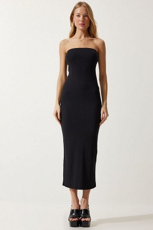Женское черное трикотажное платье саран без бретелек с разрезом UB00244