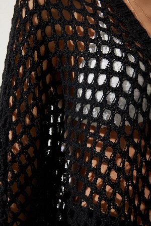 Женский сезонный вязаный кардиган черного цвета с перфорированными рукавами «летучая мышь» NJ00138