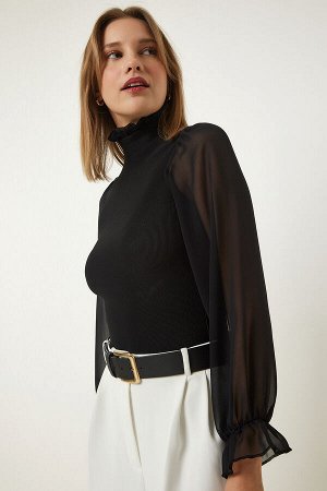 Женская черная трикотажная блузка с высоким воротником и шифоновыми рукавами DD01293