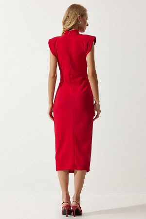 Женское красное стильное трикотажное платье саран со сборками и брошью DE00029
