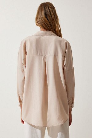 Женская кремовая длинная базовая рубашка оверсайз DD00842