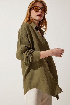 Женская муслиновая рубашка оверсайз цвета хаки с карманами MX00150
