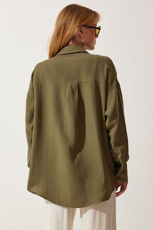 Женская муслиновая рубашка оверсайз цвета хаки с карманами MX00150