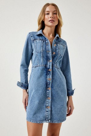 Женское голубое джинсовое мини-платье с карманами RV00165