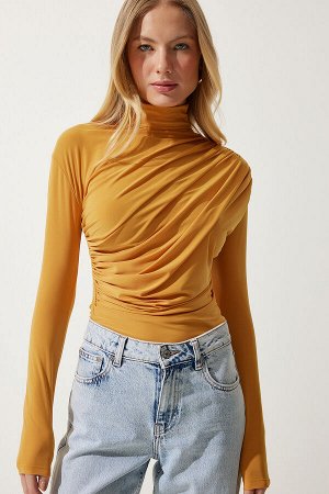 Женская блузка песочного цвета с высоким воротником и сборкой горчичного цвета FF00135