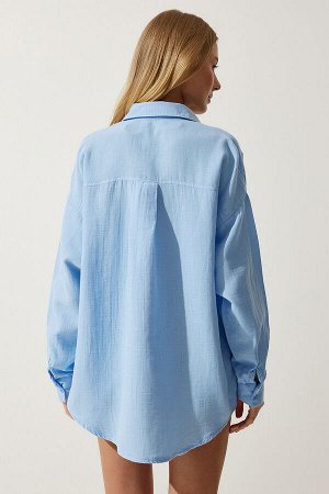 Женская муслиновая рубашка оверсайз небесно-голубого цвета с карманами MX00150