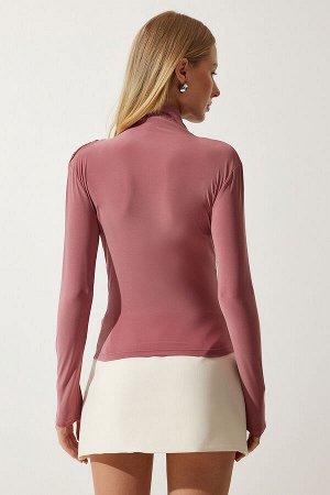 Женская блузка песочного цвета с высоким воротником и сборкой пыльной розы FF00135