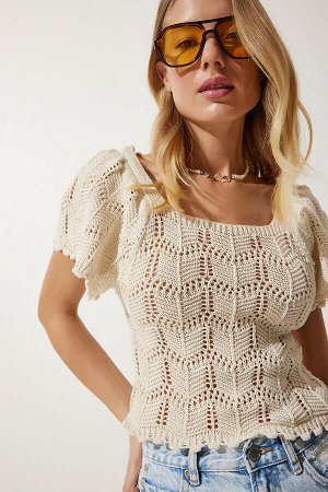 Женская кремовая ажурная трикотажная блузка YU00012