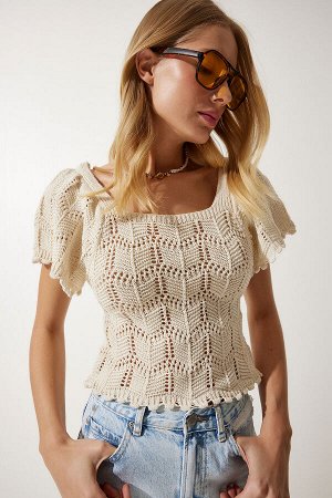 Женская кремовая ажурная трикотажная блузка YU00012