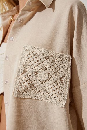 Женская темно-бежевая льняная рубашка с кружевом и деталями TP00018