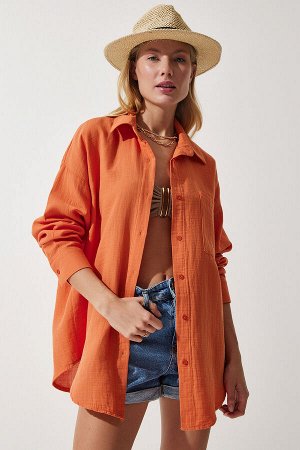 Женская оранжевая муслиновая рубашка оверсайз с карманами MX00150