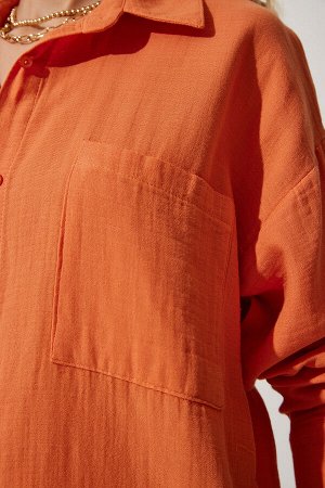 happinessistanbul Женская оранжевая муслиновая рубашка оверсайз с карманами MX00150