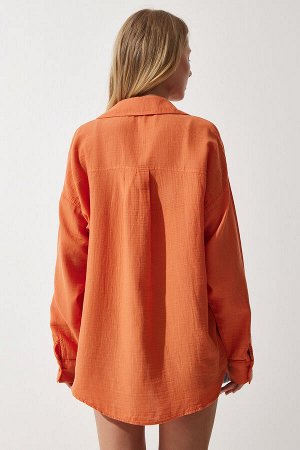 happinessistanbul Женская оранжевая муслиновая рубашка оверсайз с карманами MX00150